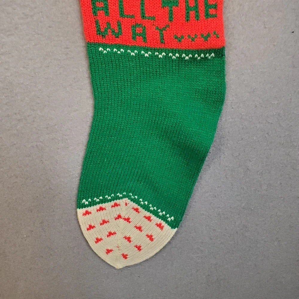 Vintage Knit Christmas Stocking Red White Green Jingle Bells All The Way 18